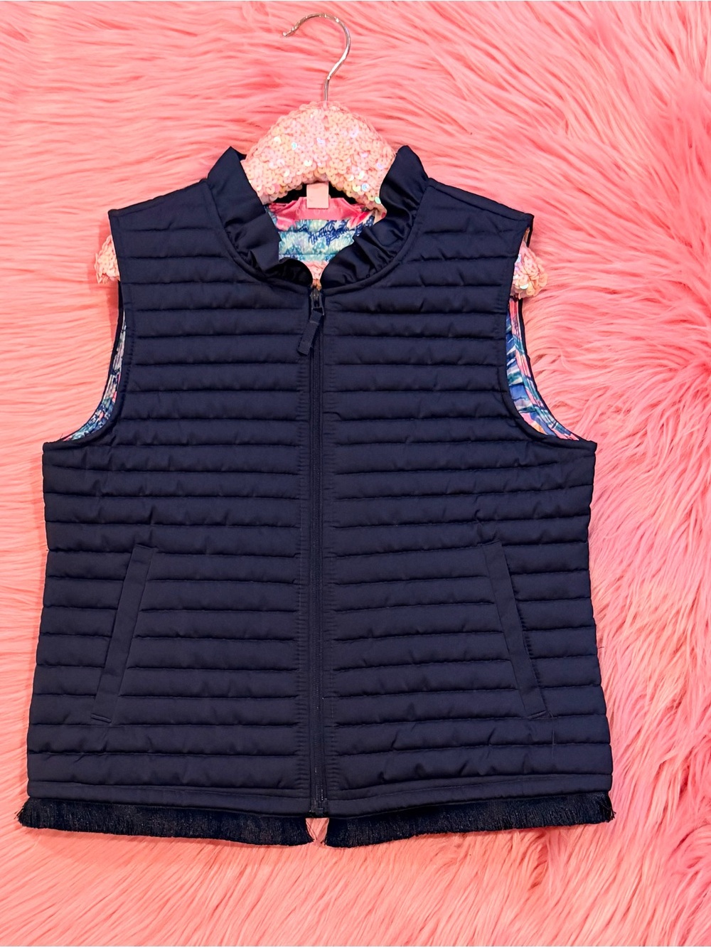 Lilly Pulitzer Navy Quilted Packable Vest with Printed Lining